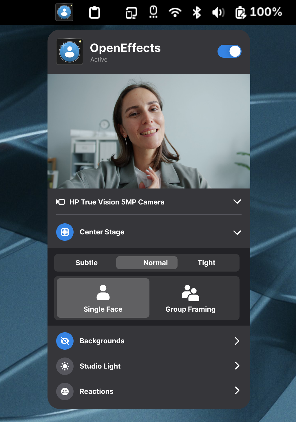 OpenEffects controls in the GNOME Quick Settings panel